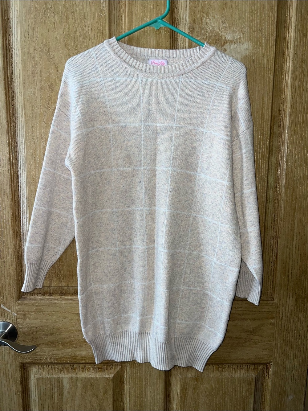 Beige Windowpane Crewneck Sweater - Pink Lilly 2X